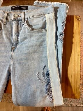 Veronica Beard Light Blue Slight Flair Leg Jeans with Embroidered Side Stripe